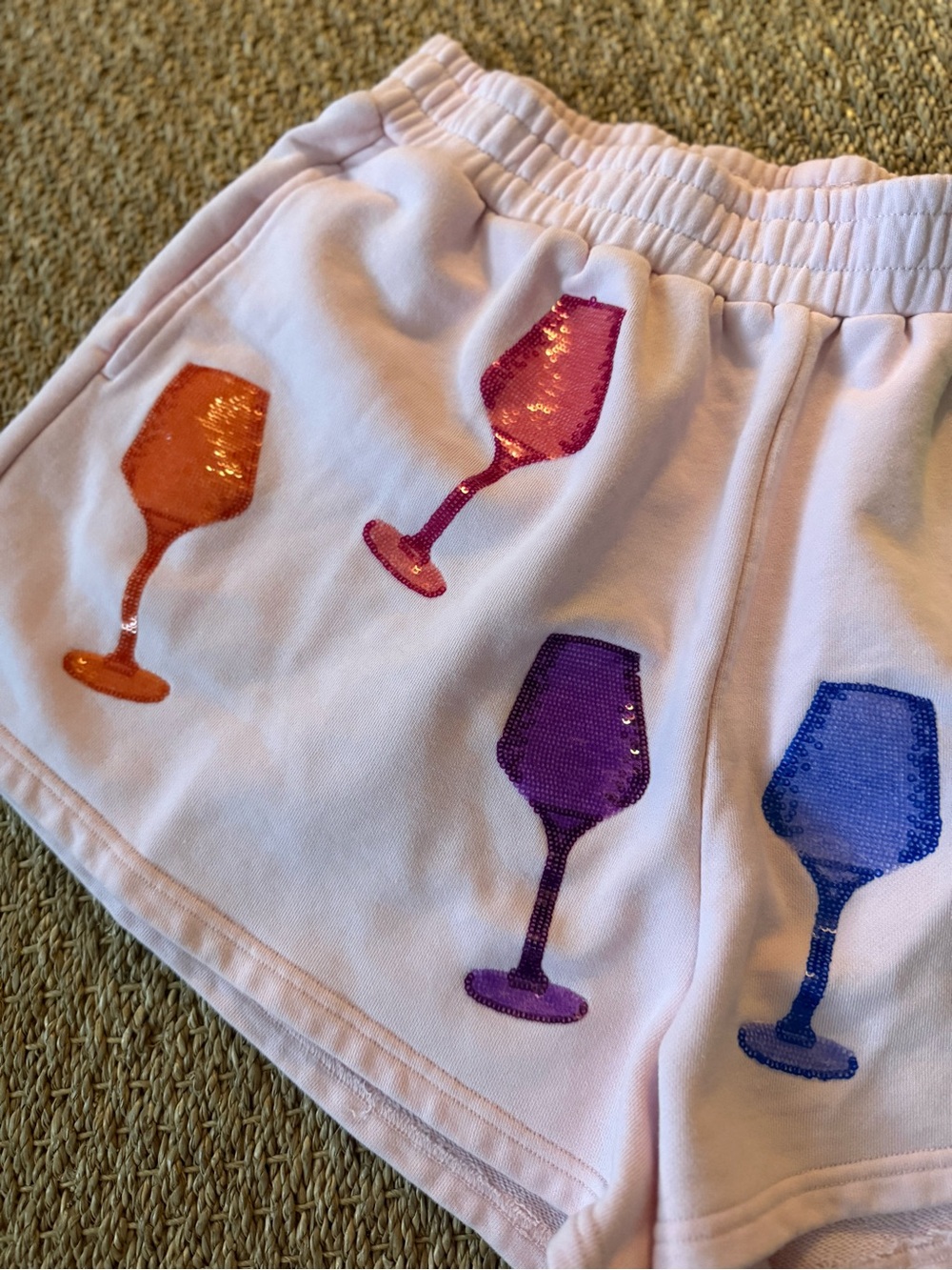 QUEEN OF SPARKLES Light Pink High-Waist Shorts w/Rainbow Sequin Wine Glasses - Picture 4 of 8